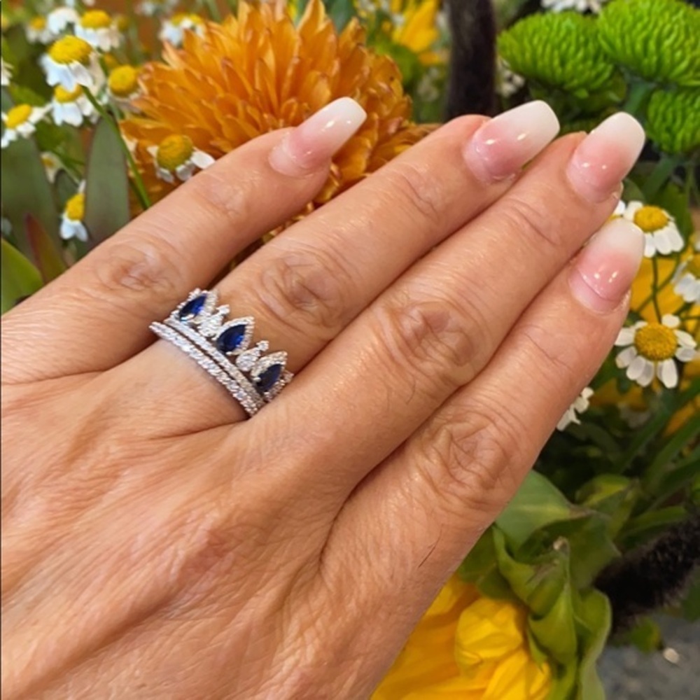 2pc Crown Sapphire CZ Engagement Ring 6 7 8 9